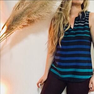 BANANA REPUBLIC Navy Blue Teal Ombre Striped Collar Tank Top Blouse Shirt M